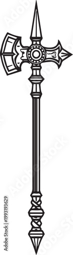 A Detailed black and white close-up image of a medieval weapon, showcasing its intricate craftsmanship and design.