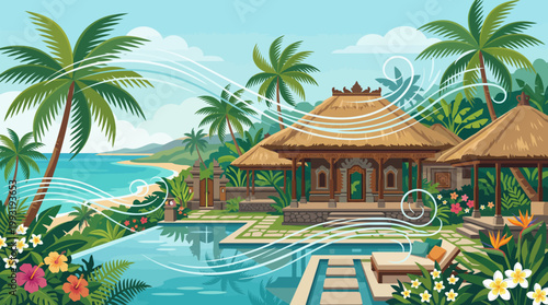 Tropical resort pool with palm trees.