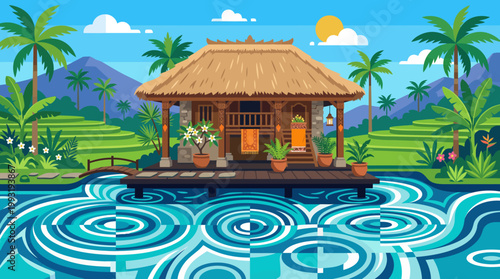 Tropical hut on the water surface.
