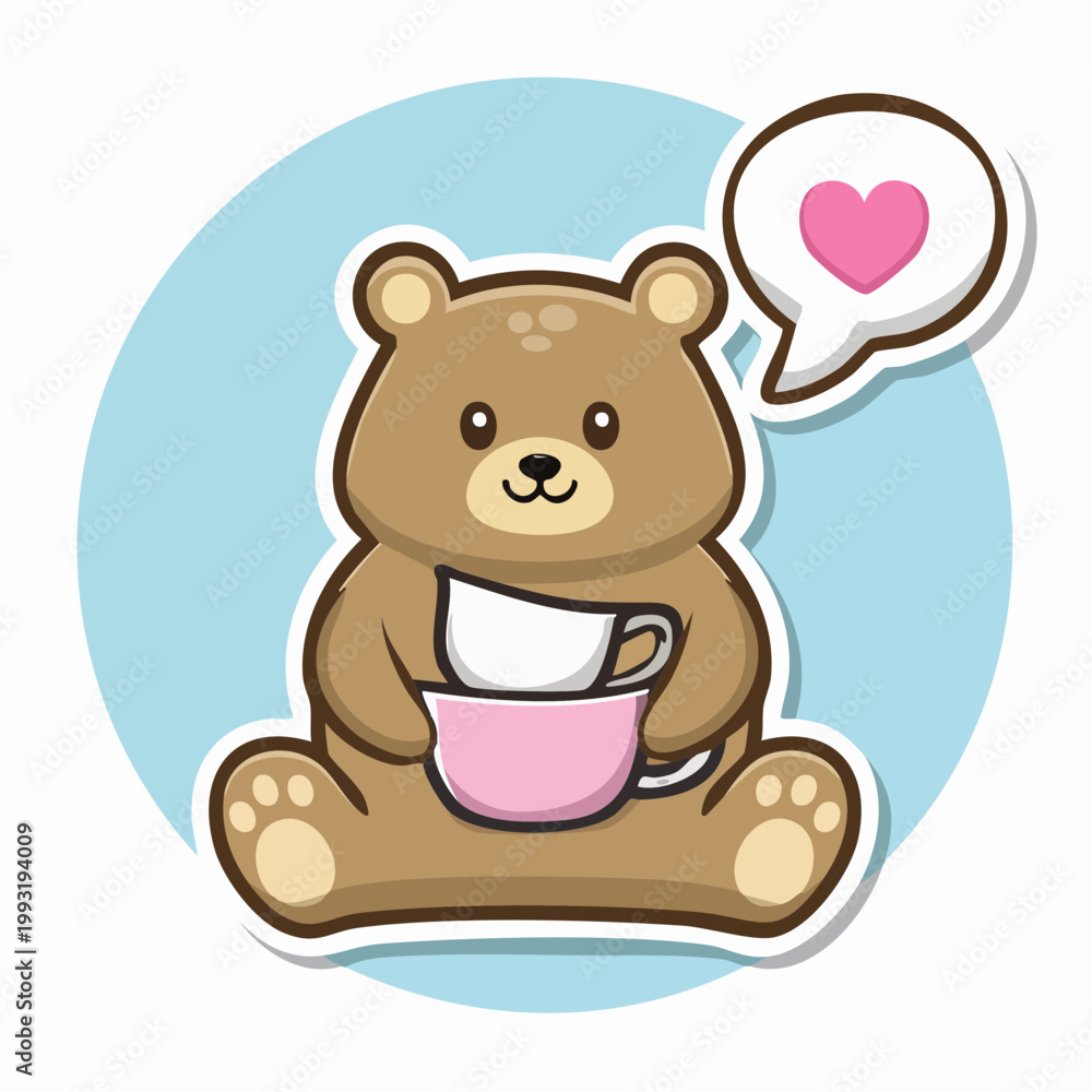 Obraz premium Cute Teddy Bear Holding Coffee Cups with Heart Symbol