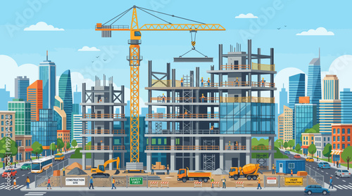 Construction site with crane and building.
