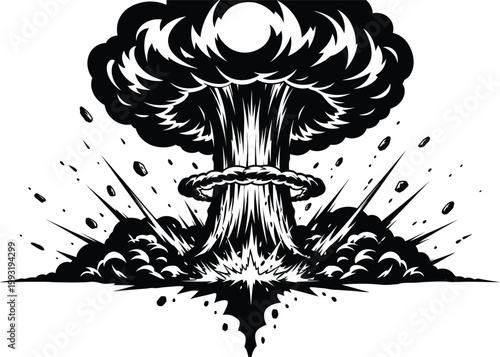 Atomic nuclear explosion mushroom cloud silhouette, dramatic black and white blast impact vector illustration
