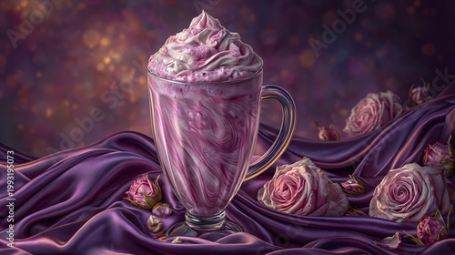 Rose cardamom milkshake with whipped cream served on purple satin
