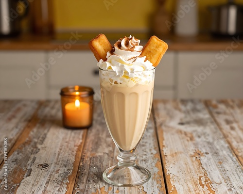 Leche frita vanilla milkshake with whipped cream on rustic wood