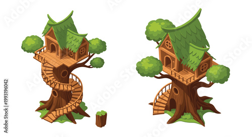 Two whimsical wooden treehouses with spiraling staircases and vibrant green leaf roofs are perched high upon thick brown trunks on a white background.