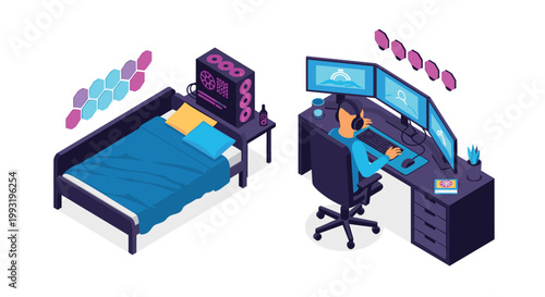 A vibrant isometric gaming bedroom features a comfortable bed with blue linens alongside a professional desk setup with three monitors and pink RGB lighting.