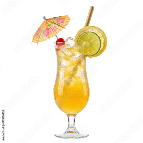 Tropical Cocktail Drink With Lime, Lemon Slice, Cherry and Paper Umbrella Garnish on White Background