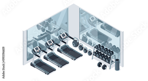 A modern isometric gym facility showcases a row of professional treadmills positioned in front of large mirrors alongside various kettlebells and heavy dumbbells.