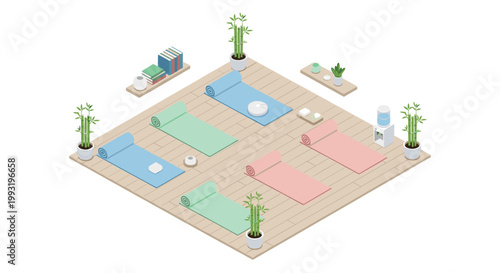A tranquil isometric yoga studio space features light wood flooring decorated with colorful exercise mats and vibrant green bamboo plants in white pots.