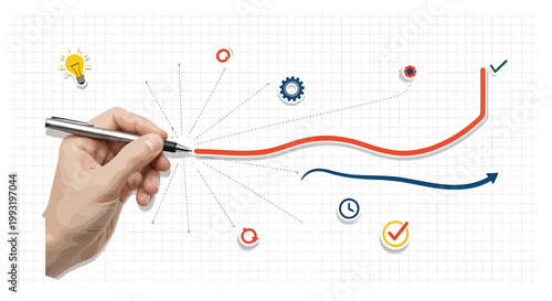 Business strategy, growth, and development concept, hand drawing colorful graphs and charts with a pen on grid paper, vector illustration