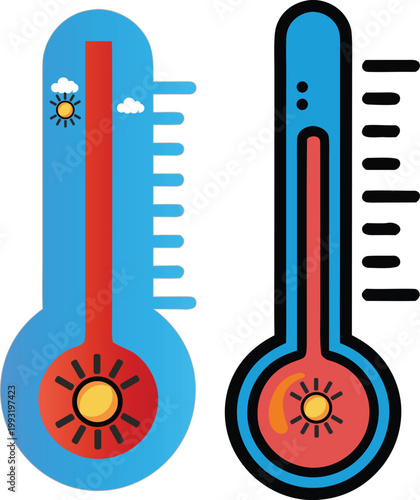 Thermometer Weather Concept Vector with Smiling and Worried Faces Showing Seasonal Temperature Variation for Climate Change Awareness and Weather Report Design