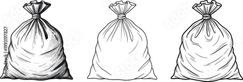 Hand Drawn Sketch Style Tied Sack Bag Set in Black White and Outline for Storage, Agriculture, and Vintage Rustic Designs
