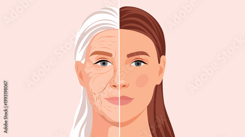 Vector illustration of skin aging. An elderly woman with wrinkles and gray hair and a younger woman with smooth skin, for advertising plastic surgery, anti-aging creams, or cosmetic procedures