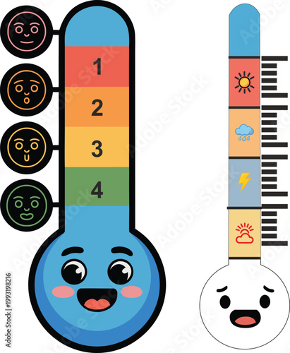 Thermometer Weather Measurement Illustration with Cute Emotional Characters Showing Hot and Cold Temperature Changes for Climate Forecast and Environmental Monitoring Design