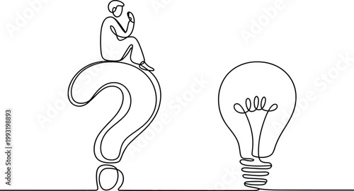 Continuous one line drawing woman sitting on question mark and light bulb idea symbol smart analyst problem solving creativity concept design