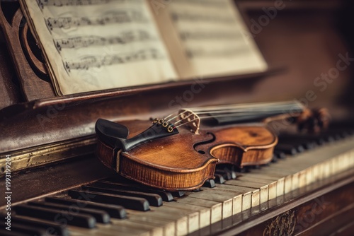 A vintage violin rests on a classical piano with sheet music open on the stand bathed in warm dramatic lighting creating a nostalgic atmosphere for music lovers