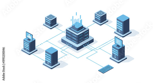A sophisticated isometric server network features a central hub emitting glowing blue data beams within a pristine digital infrastructure environment.