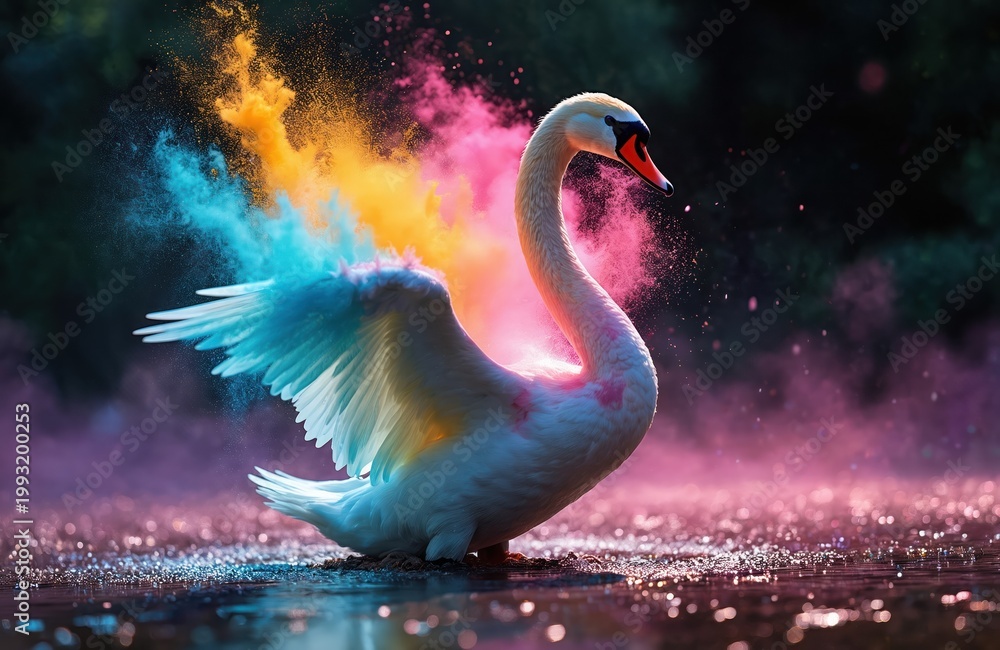 Naklejka premium White swan with wings spread covered in colorful powder clouds. Bird stands in shimmering water, creating magical, vibrant, fantasy atmosphere. Nature scene with bright, artistic, dreamlike elements.