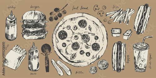 Hand drawn ink sketch of food and drink objects. Fast food hot dog, french fries, burger, pizza, sauce bottle, soda drink. Menu background
