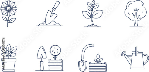 Black line vector icon set of gardening tools plants flowers and outdoor backyard agriculture farming equipment elements,