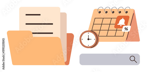 Task organization, time management, scheduling, reminders, digital tools, project planning. Folder with papers, clock calendar with alarm and search bar. Time management and scheduling tools