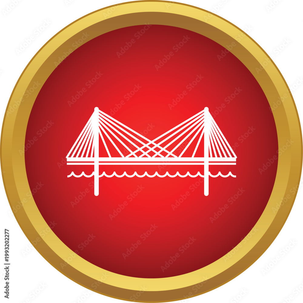 Fototapeta premium Cable stayed bridge graphic inside a red circle with gold border, representing connection and infrastructure