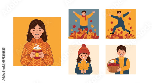 Flat design vector illustration of happy people enjoying autumn season lifestyle activities with warm fall colors