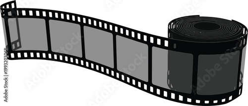 Vintage black and white film reel unrolling on white background