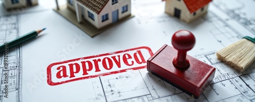 Architectural blueprint displays house models with approved stamp. Pencil and brush sit on drawings, signifying successful project planning.
