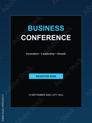 Corporate Annual Business Conference Poster Template with Blue Accent and Register Now Button on Dark Background.
