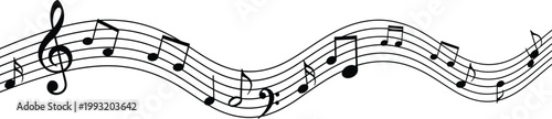 Musical notes and staff on a wavy black line on white background