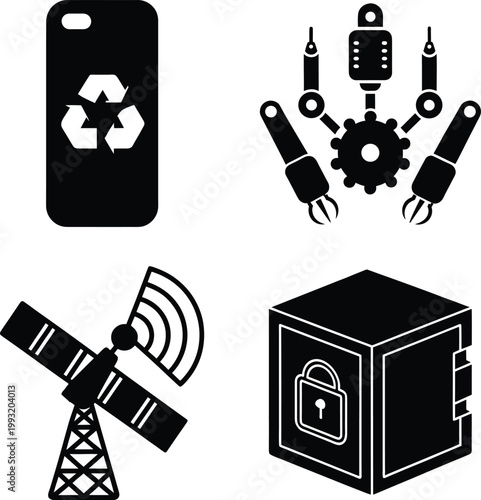 Modern Technology and Sustainability Black Vector Icon Set for Industrial and Digital Security Concepts