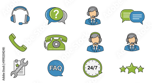 Customer support and call center service icons set in flat vector style