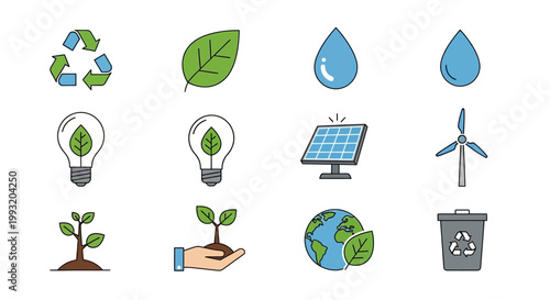Set of ecology and renewable energy icons in flat vector style.