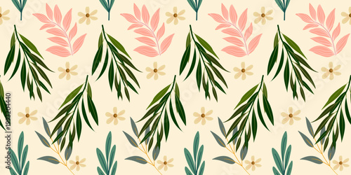 Seamless vector pattern featuring green and pink leaves with a vintage floral design, perfect for spring-themed fabric wallpaper and elegant tree decorations.