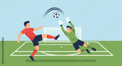 Soccer match illustration player kicking ball goalkeeper blocking attempt