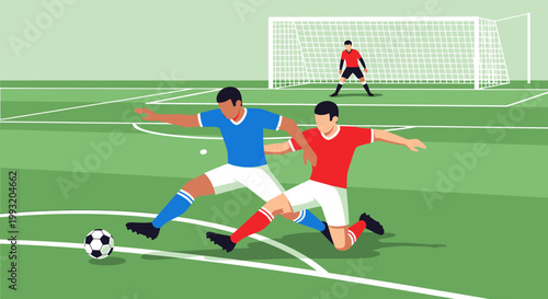 Soccer match illustration with players kicking the ball near the goal