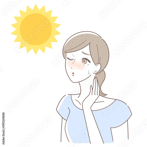日焼け・紫外線に悩む女性のイラスト（肌ダメージ・シミ・UVトラブル