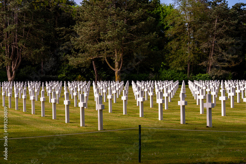 Canvastavla Alignement de croix latines en marbre blanc dans un cimetière militaire verdoyant sous un ciel bleu clair, rendant hommage aux soldats tombés