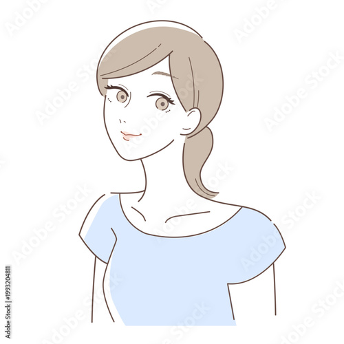 斜め横を向いた女性のシンプルな人物イラスト（20代30代・ナチュラル・上半身）