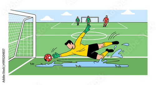 Soccer goalkeeper diving to save ball in field illustration