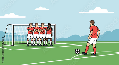 Soccer game illustration player kicking ball with opposing team wall