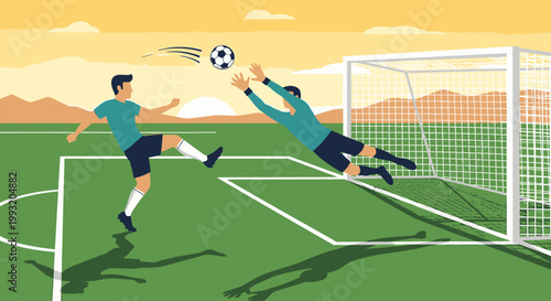 Soccer match illustration action shot player kicks ball towards goal