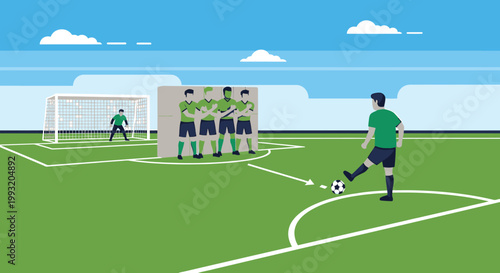 Soccer match illustration athletes football players goalkeeper and goal post against green field under blue sky