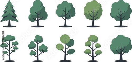 WebCollection of stylized green tree illustrations with diverse canopy shapes, foliage patterns, and artistic variations for design and botanical projects