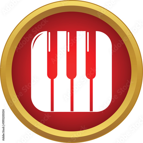 Piano keyboard musical instrument graphic in a round red and gold button