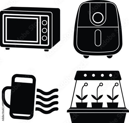 Modern Kitchen Appliances and Hydroponic Indoor Gardening Vector Icon Set