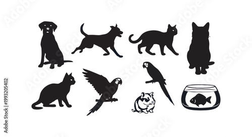 Black silhouettes of various household pets.