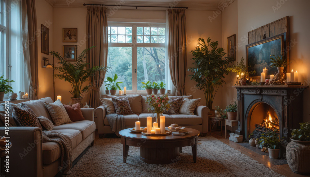 Fototapeta premium Cozy living room with beige couches and a fireplace on a cold day