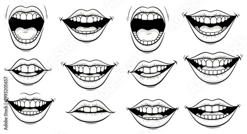 Various Smiling Mouths with Teeth Showing.